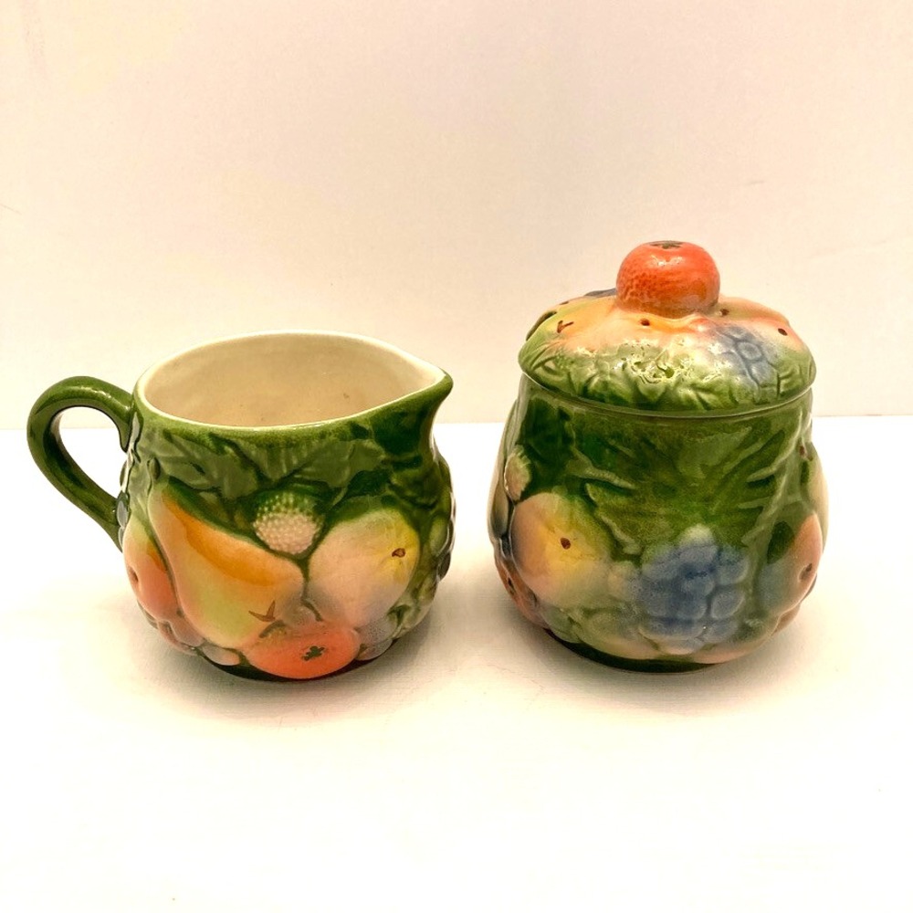 Vintage What's Vincentโ Cadeaux Cream and Sugar Fruit Raised Majolica Style